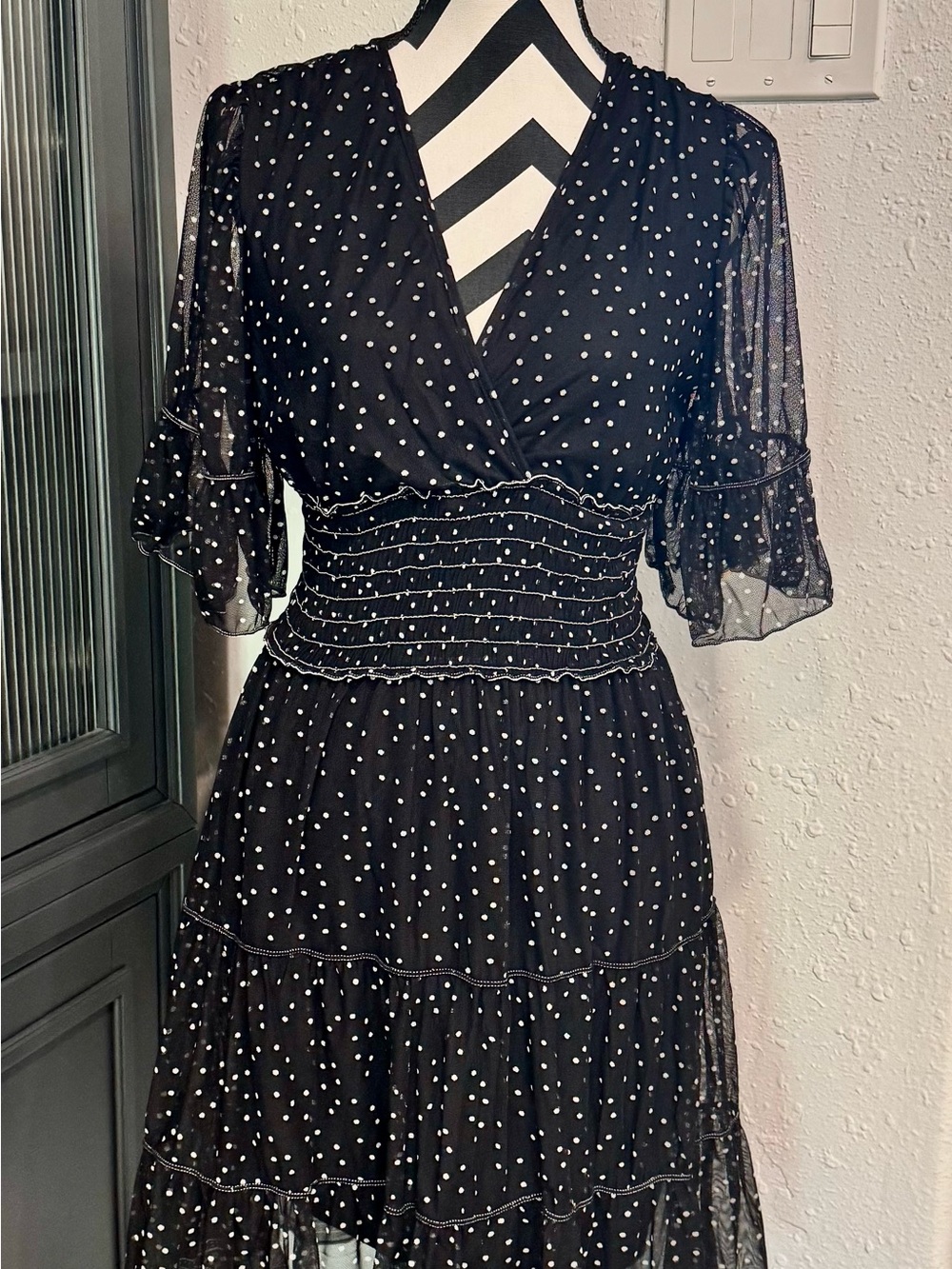 Max Studio Black Polka Dot V‑Neck Smocked Midi Dress